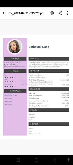 Firstly, my name is Nada. I am looking for a job in Sousse, specifically in the field of buying and selling, or as an assistant or a secretary. I have experience in many fields, such as working on Word or Excel and studying commerce. I have experience as a medical secretary. 