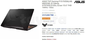 ASUS TUF Gaming F15 FX506LHB-HN323W, I5-10ème, GTX1650,512Go, Ecran 15.6" FHD 144Hz -16Go